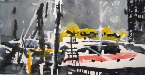 Night Ships, South St Seaport; 
Watercolor and Oil Pastel, 2011; 
6 x 11.5 in.
